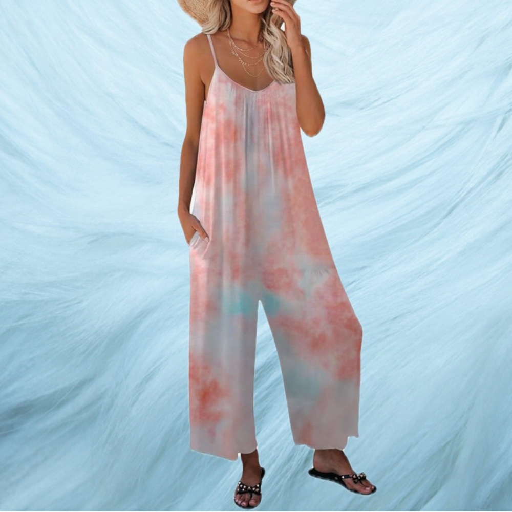 Women's Tie-Dye Pink and Blue Romper with Pockets and Adjustable Straps